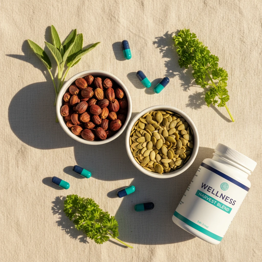 Saw palmetto berries, pumpkin seeds, green leaves and capsules - plant-based men's health supplement ingredients