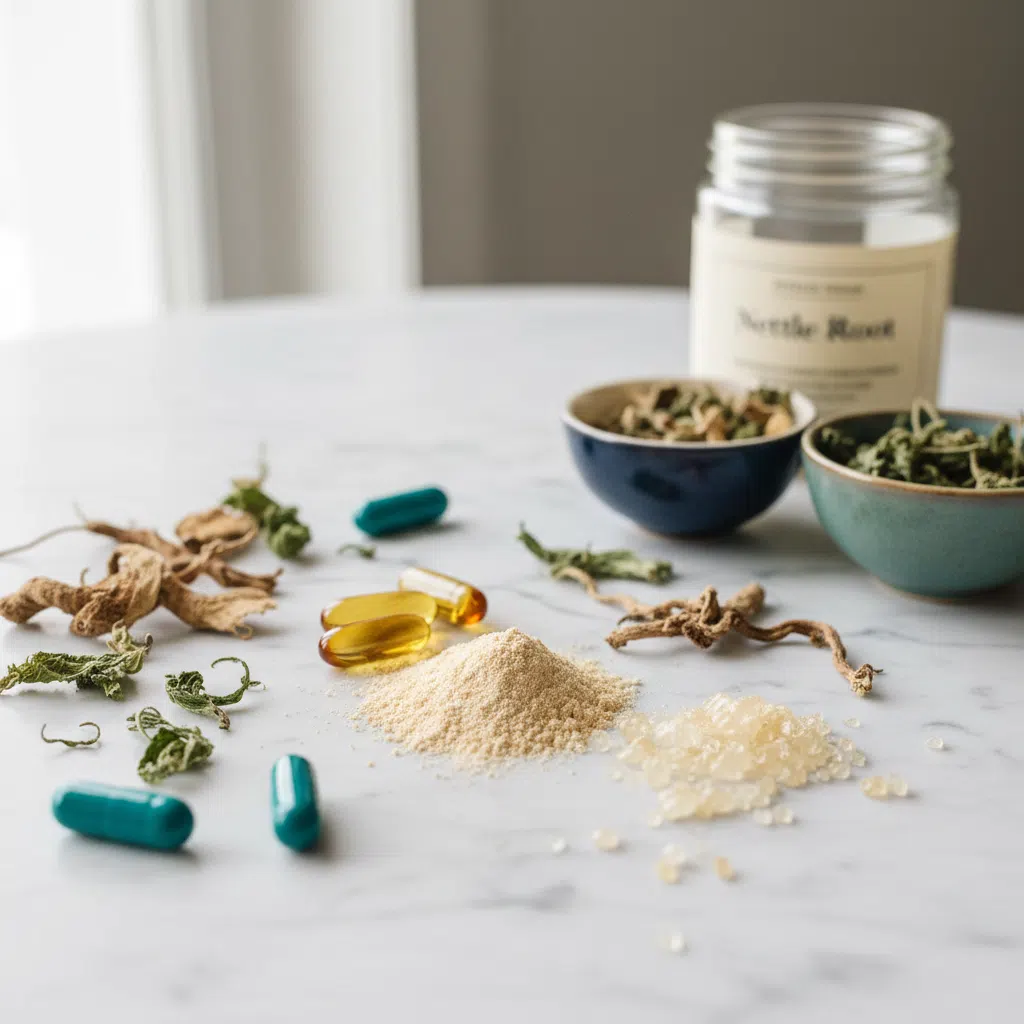 Herbal botanicals, vitamin C crystals and zinc capsules on marble - urinary comfort supplement NZ ingredients