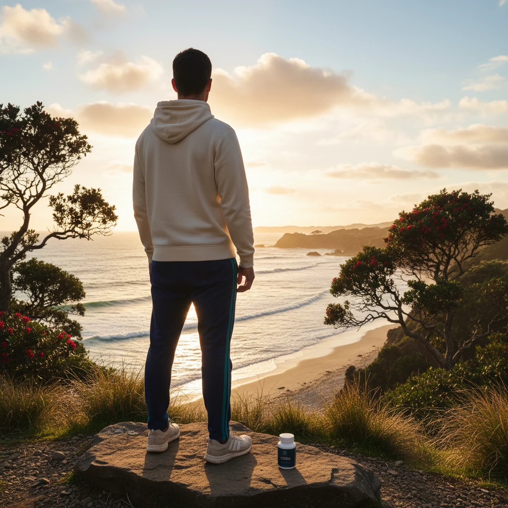 Anonymous man looking out over a New Zealand coastal landscape - active men over 50 daily health routine NZ